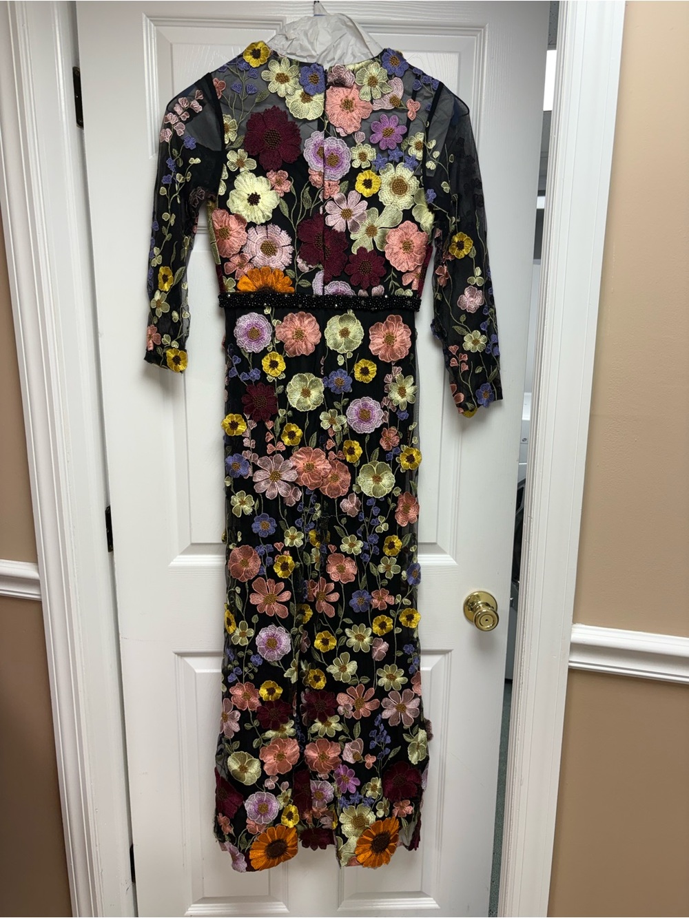 Mac Duggal Black Floral Embroidered Mesh Long Sleeve Midi Dress Size 4